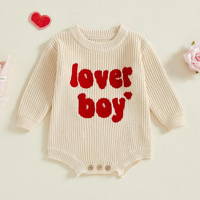 Lesimsam Newborn Baby Boy Girl Valentines Day Outfit Oversized Embroidery Long Sleeve Knit Sweater Bubble Romper Bodysuit