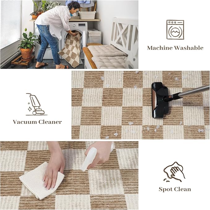 LIVEBOX Checkered Round Rug 6 Ft Washable Area Rug for Playroom, Kids Non-Slip Neutral Classic Circle Rug Geometric Large Carpet Soft Boys Rug for Classroom Dorm Bedroom(Brown,180R)