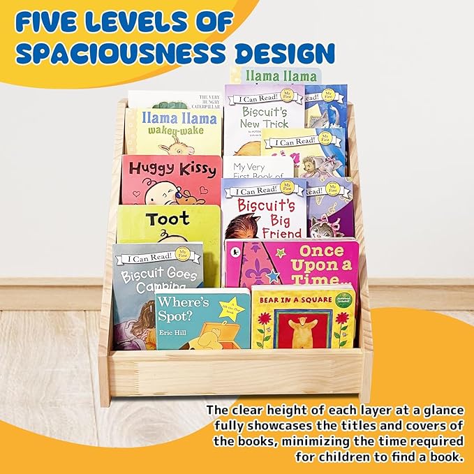 TONGMO 5-Tier Montessori Bookshelf - Front Facing Kids Bookshelf with Back Storage, Perfect for Toddler, Children's Room, and Reading Nook (Natural)