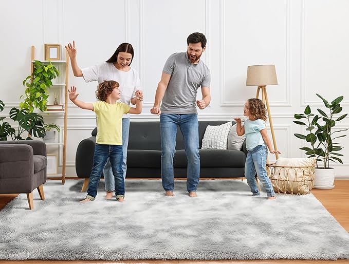 ONASAR Rugs for Living Room Bedroom, 5x8 Washable Fluffy Tie-Dyed Light Grey Bedside Area Rug, Soft Plush Shaggy Floor Carpet for Nursery Kids Girls Boys Teen Dorm Home Office Decor Aesthetic