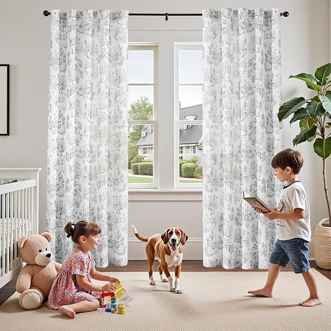 jinchan Linen Nursery Curtains 84 inch Long Woodland Wildlife Grey Print Drapes for Kid's Room Light Filtering French Country Farmhouse Gray Curtains with Bunny and Forest Design Set of 2 Panels