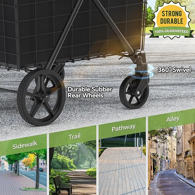 JIALIJIU 2-Tier Shopping Cart for Groceries, Folding Grocery Cart with 360° Rolling Wheels, Heavy Duty Utility Carts with 2 Waterproof Liners, Multi-Functional Trolley for Laundry, Household, Black