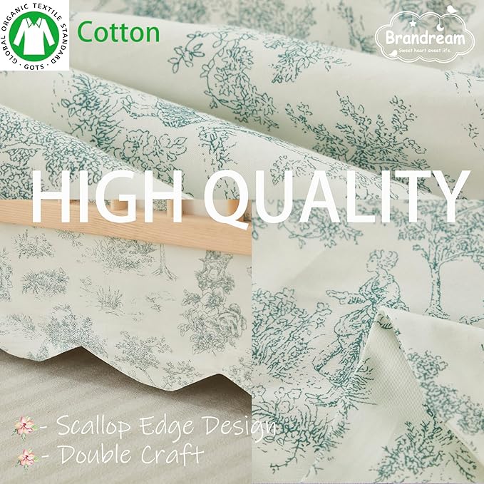 Brandream Scallop Edge Cotton Crib Skirt French Country Toile Toddler Bedskirt Baby Nursery Crib Bed Skirt Boho Bohemian Neutral Vintage Green Toile Floral Farmhouse Chic Boho Bohemian Skirt