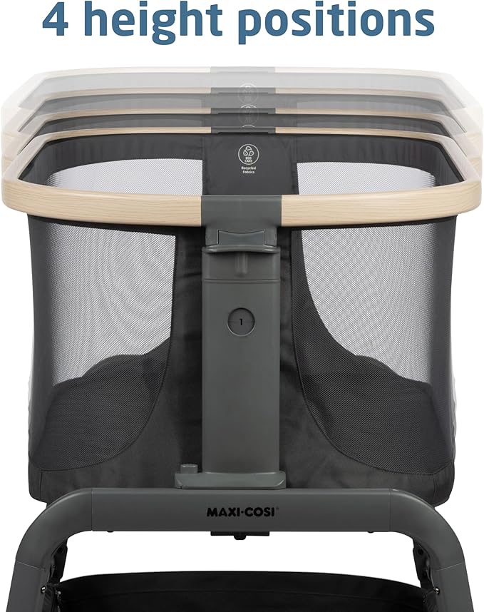 Maxi-Cosi Iora Baby Bassinets Bedside Sleeper, Portable Bassinet, Infant Bedside Sleeper Crib, Height Adjustable, Breathable Mesh, Large Storage Basket, Classic Graphite