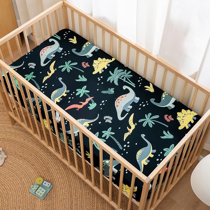 PHF 4 Pack Soft Dinosaur Crib Sheets Fitted, Comfy Breathable Baby Sheets for Boys Girls, 28x52 Inches Fits Standard Crib and Toddler Mattresses, Dinosaur