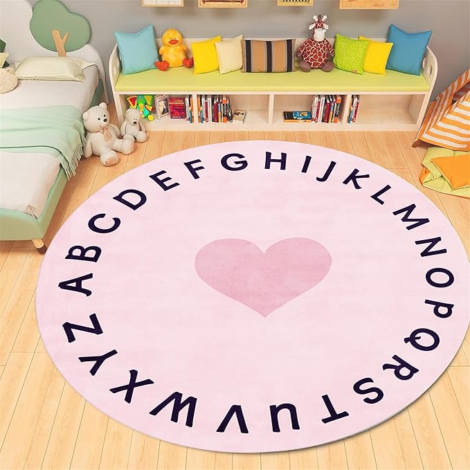 Super Soft Pink Round Rug,6ft,Children's ABC Letter Educational Learning Rug, Non-Slip Washable Nursery Rug, Children's Crawling Play Mat, Suitable for Boys And Girls Bedroom Playroom Decoration