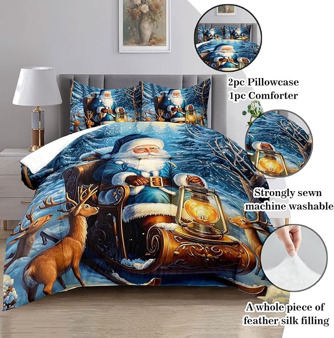 Raphus cucullatus Christmas Bedding Queen,Christmas Comforter Set,Santa Claus Decor Holiday Bedding Winter Quilt,Santa Claus Comforter Set,Snowflake Navidad Quilt Set,Cute Reindeer Quilt