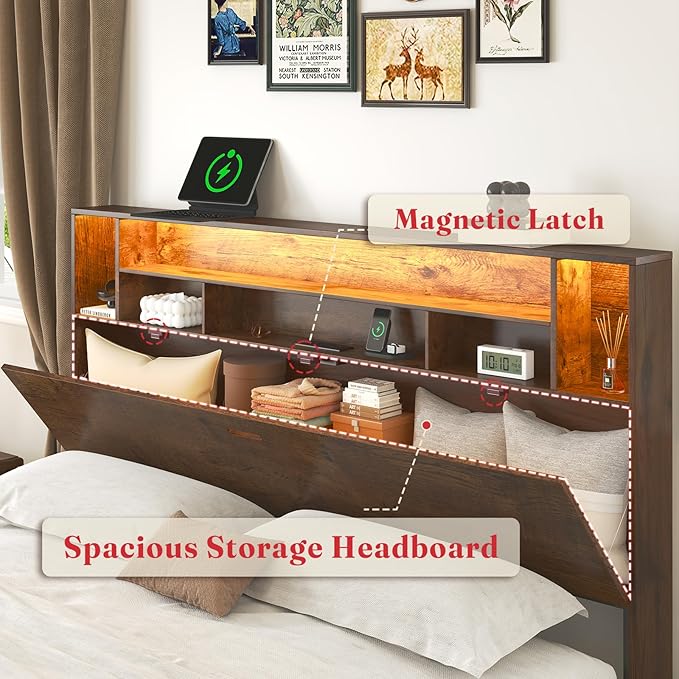 King Bed Frame with Headboard, LED Bed Frmaes with Bookcase Storage and Charging Station, Metal Platform Bed with 2 Storage Drawers, No Box Spring Needed, Brown