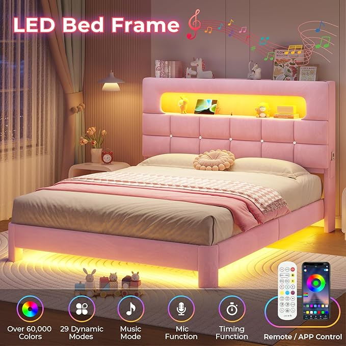 MSmask Full Upholstered LED Bed Frame with 2-Tier Storage Bookcase Headboard, Velvet Princess Bed with Crystal Button Tufted Headboard & Charging Station, Girls Platform Bed, Curved Legs, Pink