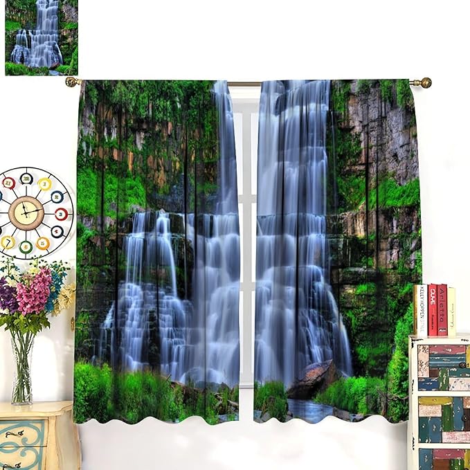 Nature Scenery Waterfall Blackout Curtains, Forest Waterfall Landscape Green Jungle Stone Falls Print Pattern Rod Pocket Window Drapes, for Bedroom Living Room 42" W X 45" L
