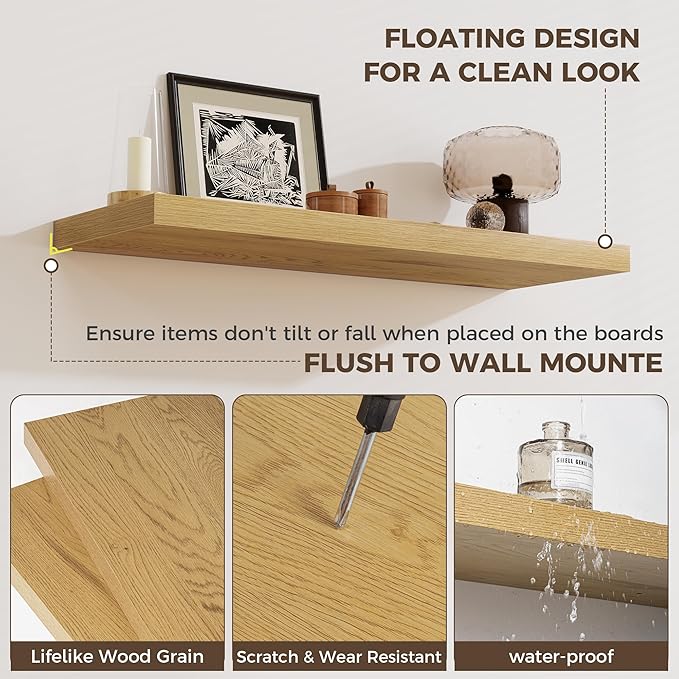 Fun Memories 12 Inch Deep Floating Shelves, 67 Inch Long Extra Large Floating Shelves Set of 2, Rustic Wood Wall Shelves for Living Room, Kitchen, Bedroom, Farmhouse, Laundry Room, Home Office - Oak