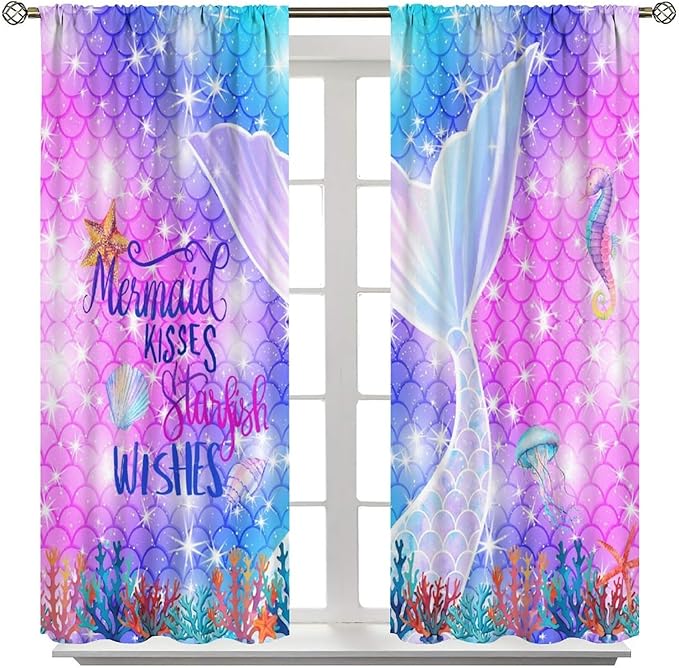 Kids Fantasy Mermaid Curtains Dream Colorful Mermaid Fish Tail Scale Fantasy Ocean Theme Window Treatment for Girls Bedroom Nursery Room Decor Window Drapes 42" W X 45" L