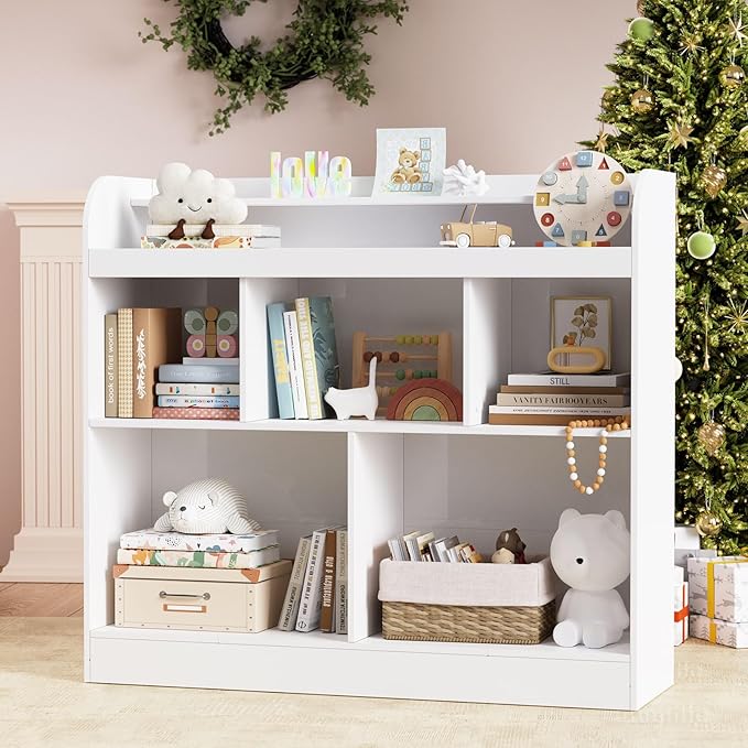 Lkeiyay Open Shelf Kids Bookcase，Montessori Toy Organizer with LED Lights - White Wooden Open Bookcase for Kids, Bedroom, Back to School，Playrooms & Nurseries
