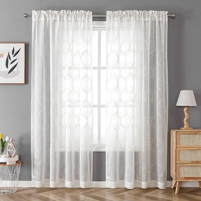 VISIONTEX White Sheer Curtains 108 Inches Long 2 Panels Set Beige Moroccan Embroidered Curtains Trellis French Textured Rod Pocket Voile Tulle Semi Window Drapes for Bedroom Living Room 54 x 108 Inch