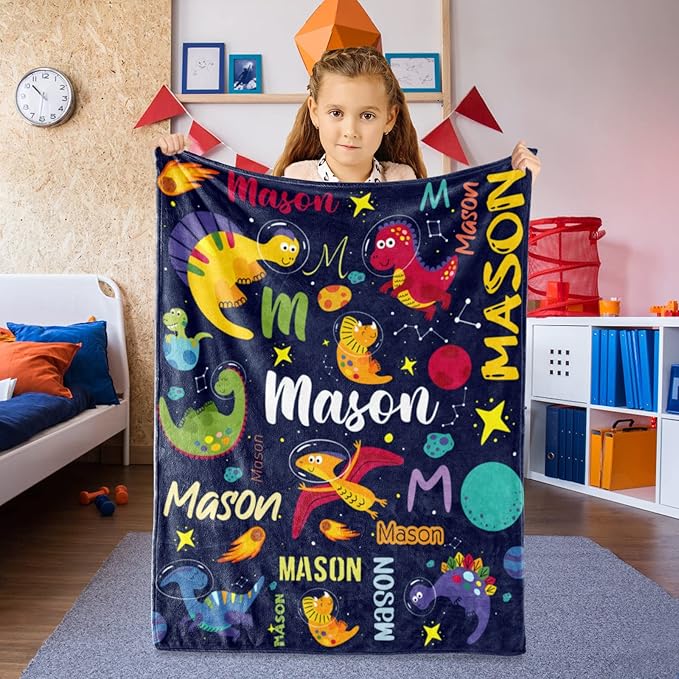 Personalized Dinosaur Blanket for Boys, Custom Name Blanket for Teen Dino Outspace, Soft Flannel Dinosaur Toddler Blanket Customized Gift for Birthday 50"x60"