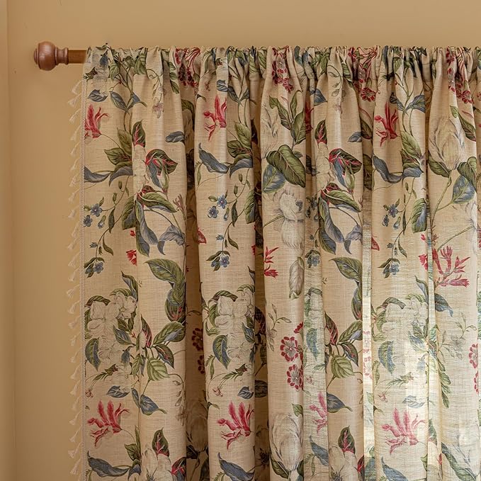 ENJOYBRIDAL Floral Curtains 96 Inches Long Living Room Boho Drapes Bedroom 2 Panels Semi Sheer Vintage Window Curtain Panels Rod Pocket Tassel Farmhouse Nursery Window Treatments