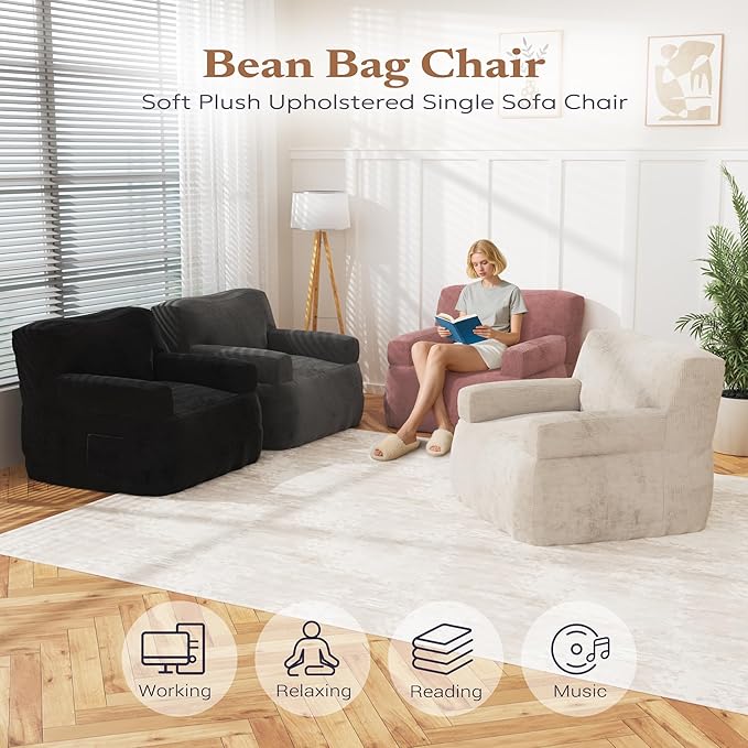 Giant Bean Bag Chair for Adults, Plush Big Bean Bag Lounger Chair with Shredded Foam Filling, Oversized Comfy Floor Sofa Couch with Side Pocket for Bedroom Living Room,Beige