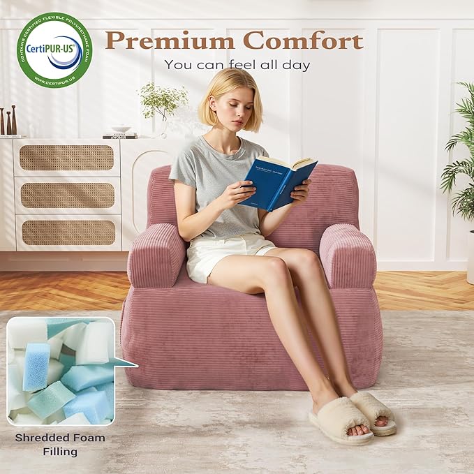 Giant Bean Bag Chair for Adults, Plush Big Bean Bag Lounger Chair with Shredded Foam Filling, Oversized Comfy Floor Sofa Couch with Side Pocket for Bedroom Living Room, Pink