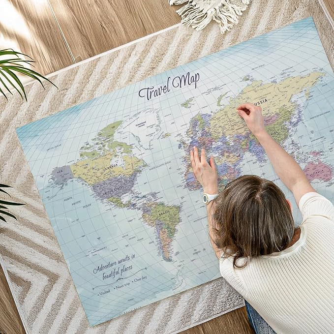 ElephantStock - Push Pin Travel Map World I Wall Art - Horizontal Canvas Wall Art - Living Room Wall Decor - Printmaking Map Canvas Art - Blue And Beige Decor - 48" x 32"