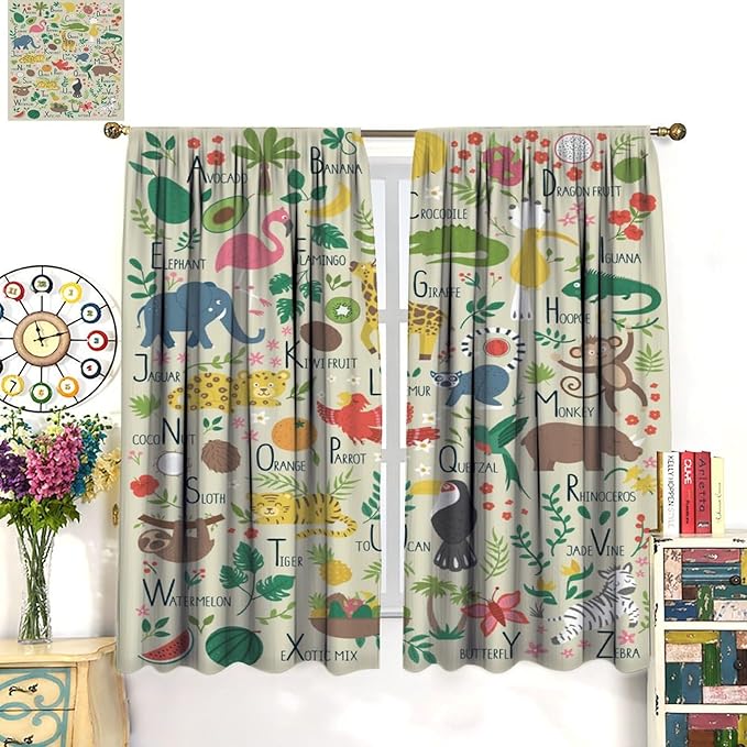 Kid Alphabet Curtains Funny Cartoon Animal Cute Educational Learning Colorful Curtain with Rod Pocket for Bedroom Living Room Decor Drapes Window Treatments 2 Panels Set 72" W X 63" L
