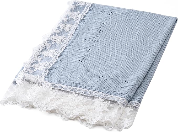 Booulfi Baby Blankets Neutral Knitted Blue Cotton Blue Baby Blanket Stroller Lace Border Crochet Winter Crib Baby Blanket New Baby Essentials