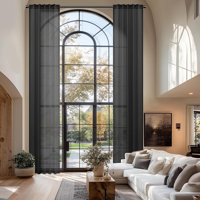 Dreaming Casa Black Sheer Curtains 204 Inches Long, Rod Pocket & Back Tab Light Filtering Textured Sheers for Living Room Bedroom, 2 Panels, Each 52" W x 204" L