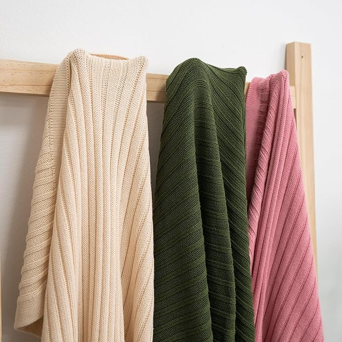 Baby Knit Blanket, 100% Cotton Ribble Patterns, Soft, Cozy, Lightweight Swaddle for Newborn & Infant Swaddling Beige Neutral, Perfect Baby Shower Ideas Pink 30x30