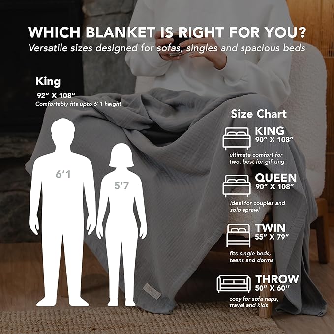 Goqan Throw Blanket 55x60 – 100% Cotton 4 Layer Boho Muslin Blanket for Adults, Lightweight, Soft, Breathable for Bed, Couch, Picnic - Light Grey