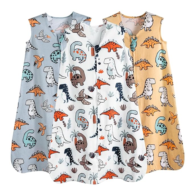 PHF Soft Baby Sleep Sack 18-24 Months 100% Organic Cotton Wearable Blanket, 2-Way Zipper 0.5 TOG Toddler Sleeping Sack 3 Pack, Comfy Sleep Bag for Baby Boys Girls, Dinosaur (X-Large)