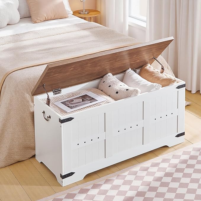 HOOBRO Toy Box, Storage Bench with Safety Hinges, Wooden Toy Chest, 39.4" Farmhouse Storage Chest, for Entryway, Bedroom, Living Room, White and Walnut WH507CW01
