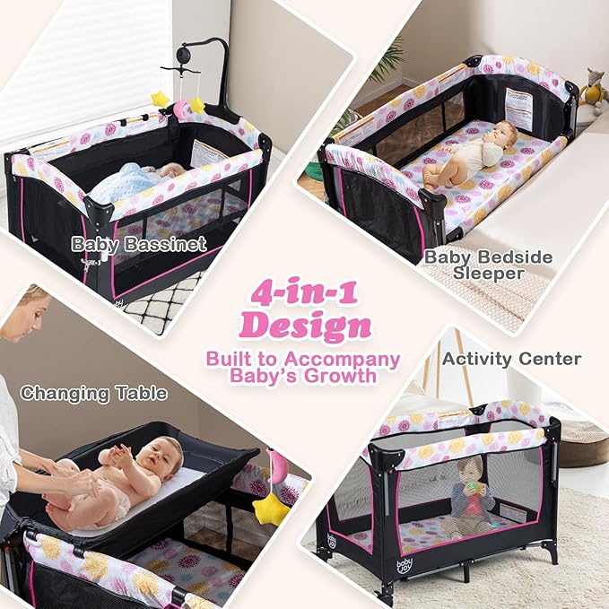 BABY JOY 4 in 1 Pink Pack and Play, Baby Bedside Sleeper with Bassinet, 3 Adjustable Heights, Music Box, Easy to Install, Foldable Bedside Crib w/Changing Table, Playards from Newborn to Toddlers Rose