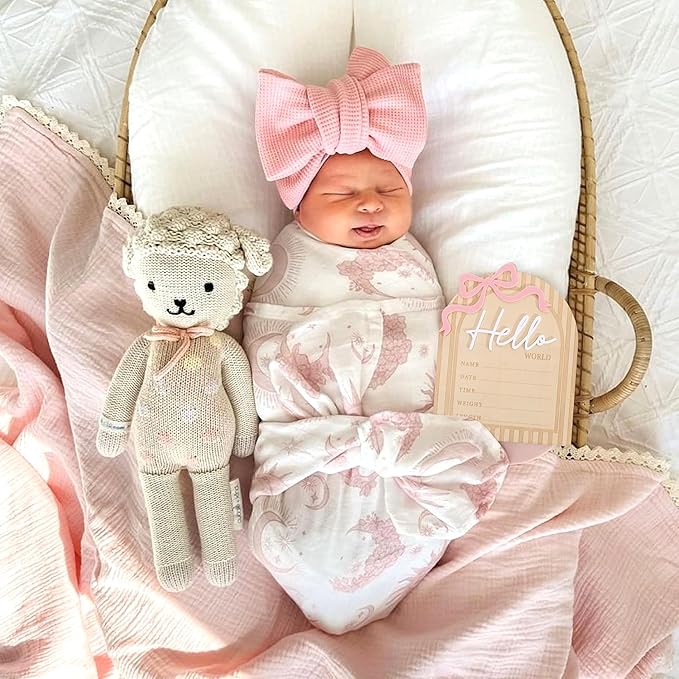 Bow Hello World Wooden Board - Hospital Newborn Information Record,Birth Milestone Bulletin Board Photo Props,Sweet Pink Bow Nursery Decorations,Little Princess Hello World Announcement Sign
