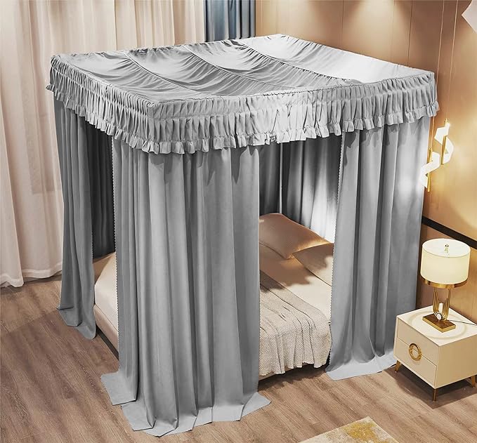VETHIN Elastic Roof Style Four Corner Post Princess Bed Canopy Curtains Cozy Breathable Tent Canopy Mosquito Net for Girls & Adults Bedroom Decoration (Grey, 70-78" W*86" L*82"*H/(King))