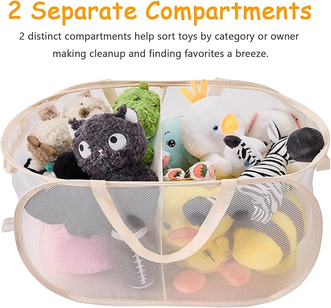 Large Toys Storage Basket Organizer Box for Kids, Boys, Girls - Foldable Toy Storage Bins with Dividers & 2 Sturdy Handles for Living Room, Bedroom, Playroom, Kidsroom (Beige, 2 Compartments)