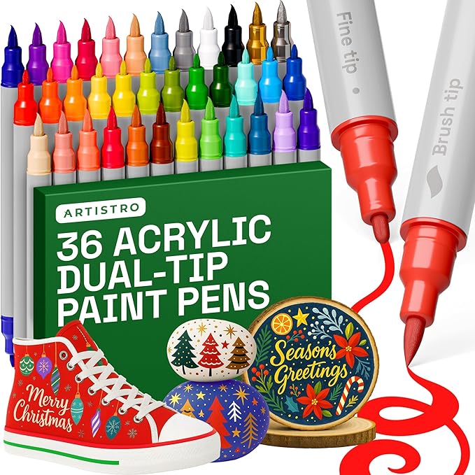 ARTISTRO 36 Acrylic Paint Markers - Paint Pens Dual Tip Brush + Fine Ideal for Calligraphy - Perfect for Fabric, Rock, Glass, Wood, DIY - Art Supplies, Stocking Stuffers, Christmas Gift Idea