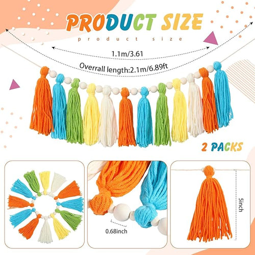 2 Pcs Tassel Garland with Wood Beads, Handmade Cotton Yarn Wall Hanging Banner Boho Tassel Wall Hanging Party Decor for Nursery, Birthday Baby Shower Home Classroom Decoration(Rainbow)