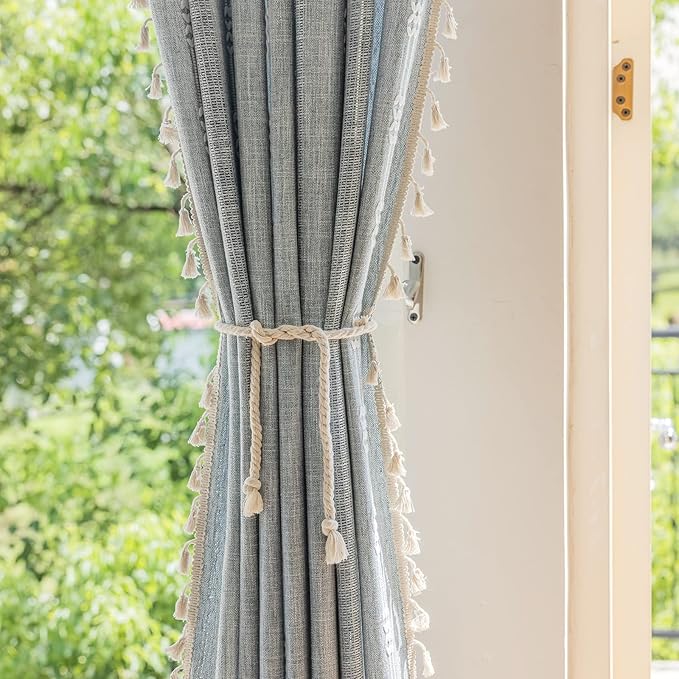 ENJOYBRIDAL Boho Curtains 96 Inch Length 2 Panels Semi Sheer Blue Grey Drapes Embroidered Tassel Rod Pocket Hollow Out Window Curtain Panels Farmhouse Window Treatment for Bedroom Living Room