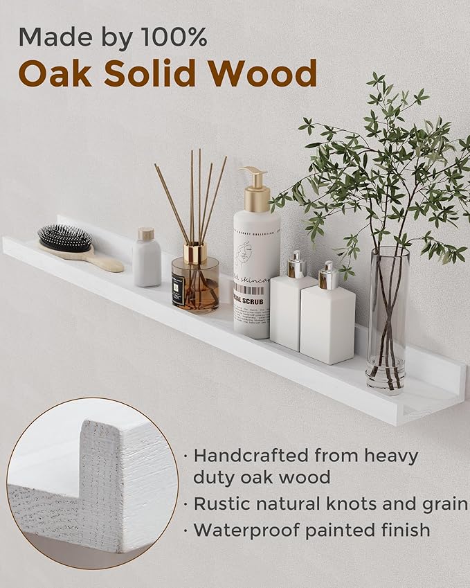 Axeman Oak Picture Ledge Shelf, 55 Inch Floating Shelves Set of 2, Solid Oak Wood Wall Shelves with Lip, Wall Decor Storage for Bedroom Living Room Bathroom Kitchen Nursery Photo Picture, White