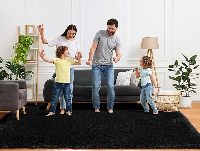 ONASAR Black Area Rugs 9x12 Living Room, Large Fluffy Shag Bedroom Rug, Washable Soft Plush Thick Shaggy Big Floor Carpet for Kids Boy and Girls Teen Dorm Nursery Indoor Home Decor Aesthetic