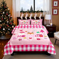 Merry Christmas Kids Comforter Set King Size,Cartoon Santa Claus Snowman Deer Bedding Set,Boys Girls Adults Room Decor,Geometric Grids Fashion Down Comforter,Pink Xmas Duvet Insert,2 Pillowcases