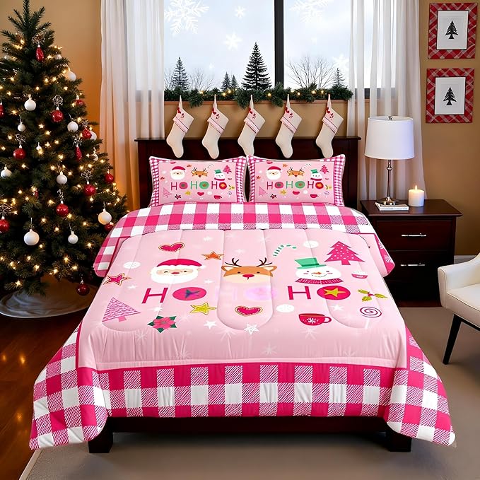 Merry Christmas Kids Comforter Set Twin Size,Cartoon Santa Claus Snowman Deer Bedding Set,Boys Girls Adults Room Decor,Geometric Grids Fashion Down Comforter,Pink Xmas Duvet Insert,1 Pillowcase