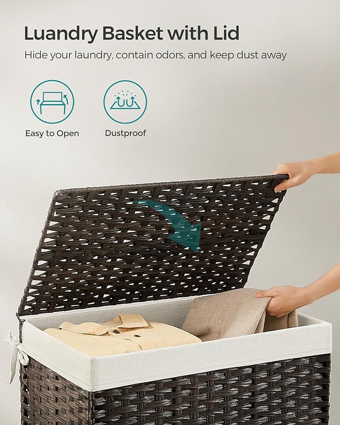 SONGMICS Storage Basket with Lid, 27.7 Gallon (105L) Storage Bin, Woven Blanket Storage Basket with Handles, Foldable, Removable Liner, Metal Frame, for Bedroom, Laundry Room, Brown URST066K01