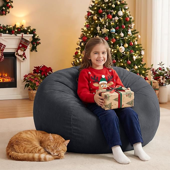 Nobildonna 3 ft Bean Bag Chair Cover (No Filler) 35"×43" Large Stuffed Animal Storage Bean Bag Washable Big Beanbag Chair Cover Premium Corduroy Bean Bag Cover for Adults,Kids,Dark Grey 300L