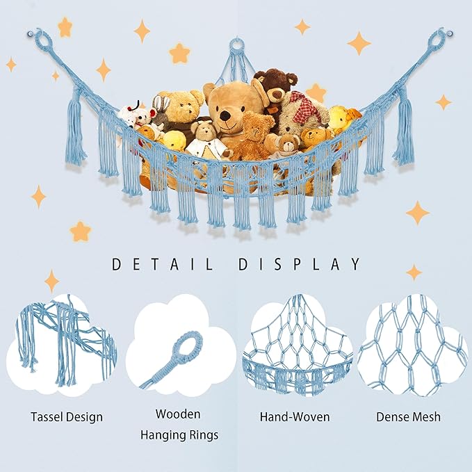 Stuffed Animal Hammock with LED Light, Large Stuffed Animals Storage Corner Plushie Net for Kids Room Decor, Baby Blue