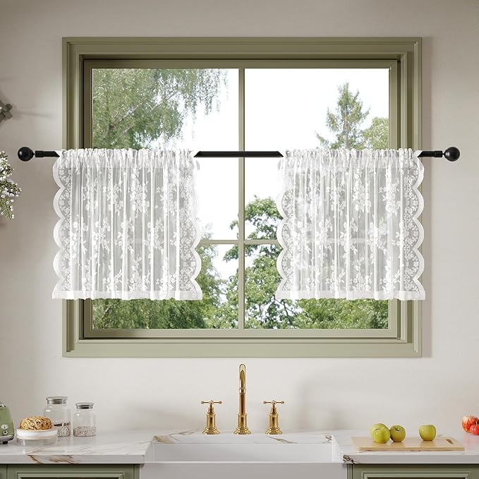 Anmao Vintage Lace Kitchen Curtains 24 Inches Long 2 Panels, Romantic Semi Sheer Floral Over Sink Lacy Cafe Curtain, Elegant Window Short Small Drapes, 55W x 24L, White Rose