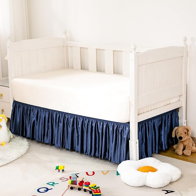 Navy Satin Crib Bed Skirt, 52" x 28" with 14" Drop Silky Soft Baby Crib Skirt for Baby Girls or Boys, Fit for Standard Crib & Toddler Bedding