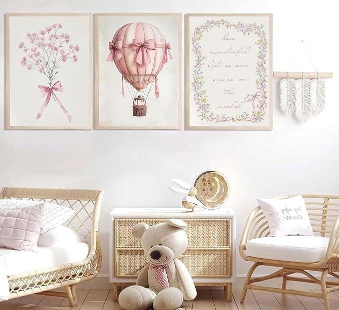 3Pcs Pink Nursery Wall Art Pictures Cute Baby Girls Room Posters Print Neutral Pink Bow Bouquet Hot Air Balloon Pastel Painting Wall Decor for Kids Room Little Girl Bedroom 16x24in Unframed