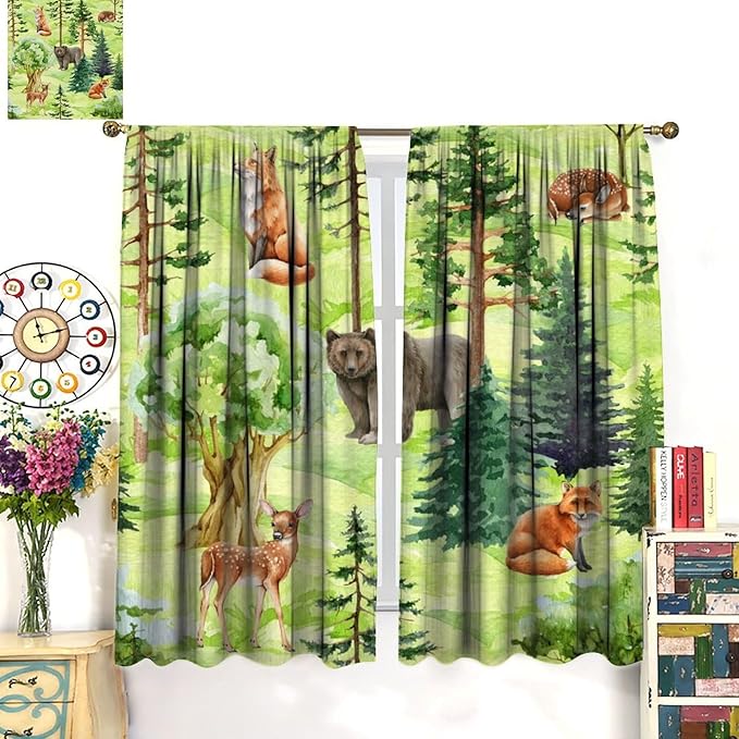 Woodland Animal Curtains, Watercolor Jungle Animals Fox Bear Pattern Blackout Window Treatments, Rod Pocket Thermal Insulated Drapes 2 Panel Sets for Kids Bedroom Nursery Classroom, 84" W X 84" L
