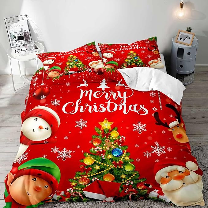 LUVIVIHOME 3PCS King Kids Christmas Duvet Cover Set, Santa Claus Snowman Reindeer Elf Snowflake Christmas Tree Holiday New Year Xmas Red Comforter Quilt Cover 2 Pillow Shams
