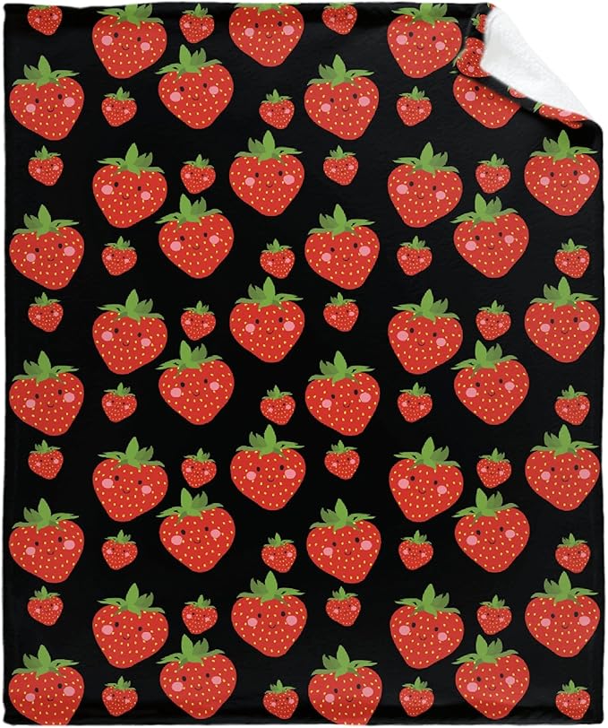 Thuswarm Cute Strawberry Kawaii Black Flannel Throw Blanket Warm Cozy Soft Funny Print Blankets for Bed Couch Sofa Room Decoration Gifts 80”×60” Large for Adult